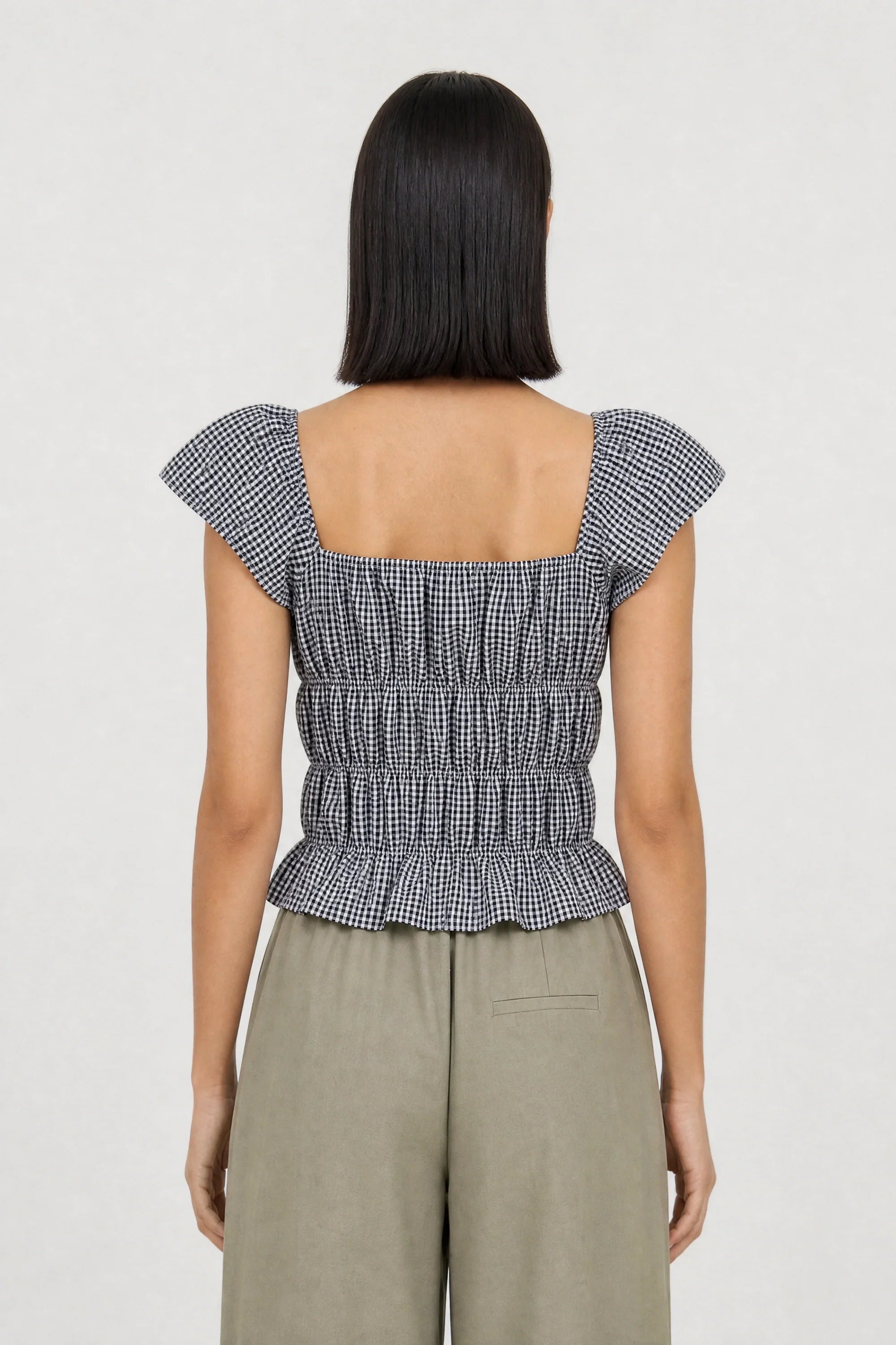 Black and white gingham ruched tank