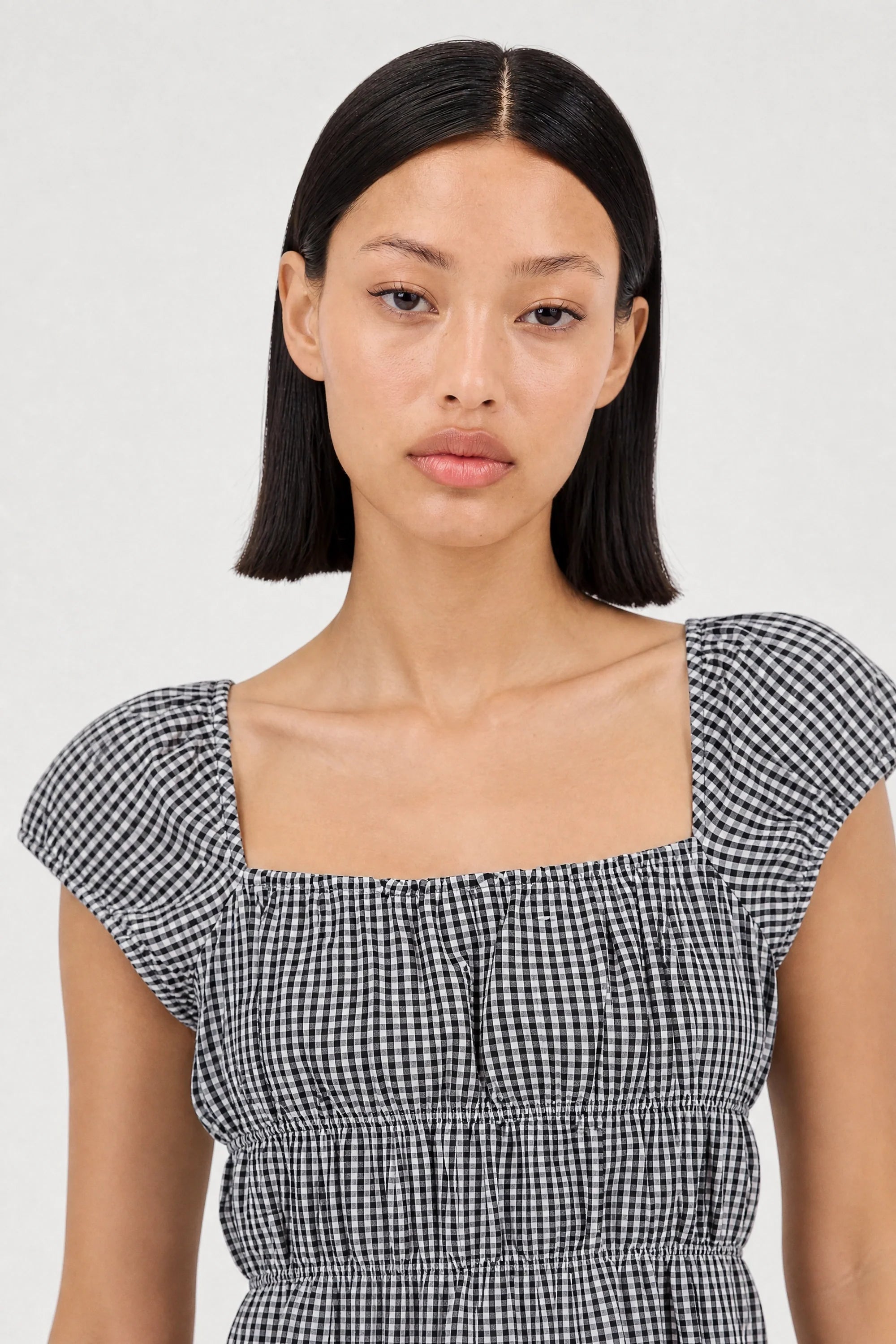 Black and white gingham ruched tank