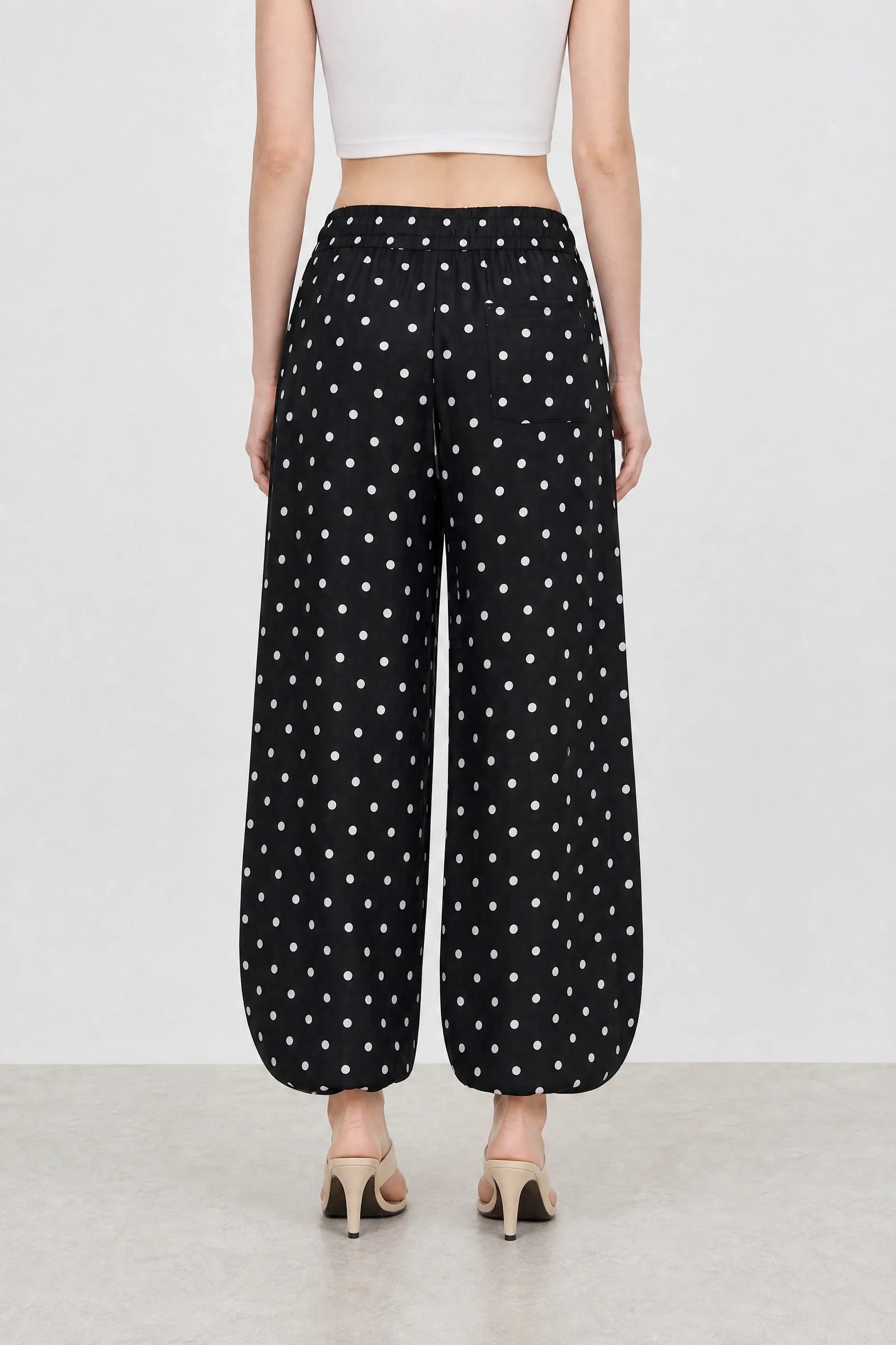 Black and white polka dot linen blend slouchy trousers