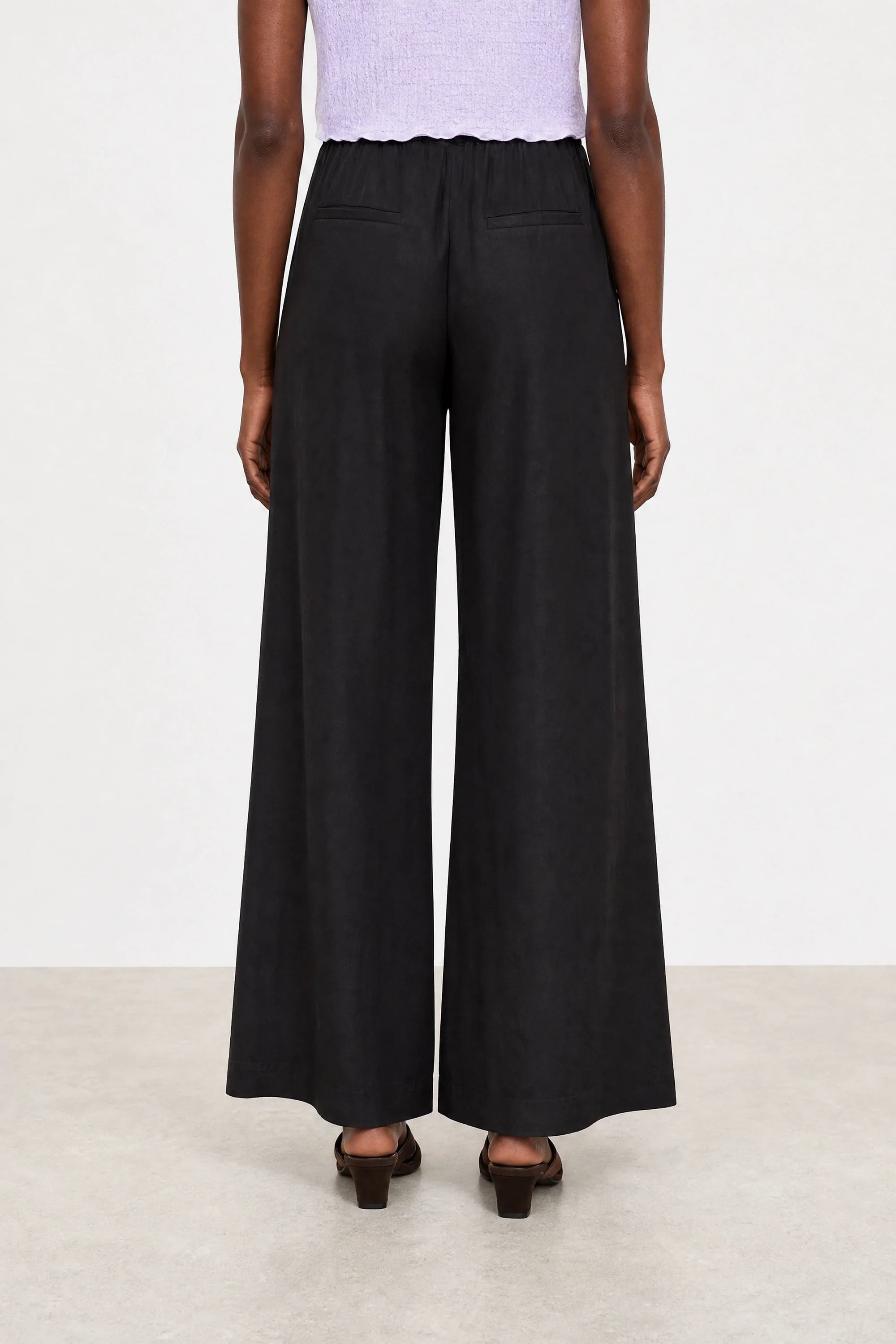 Black floaty wide leg drawstring trousers