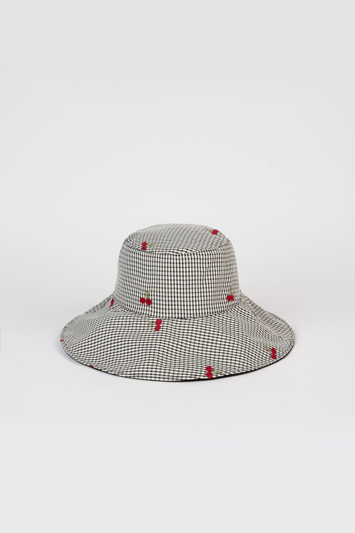 Black gingham embroidered cherry reversible sun hat
