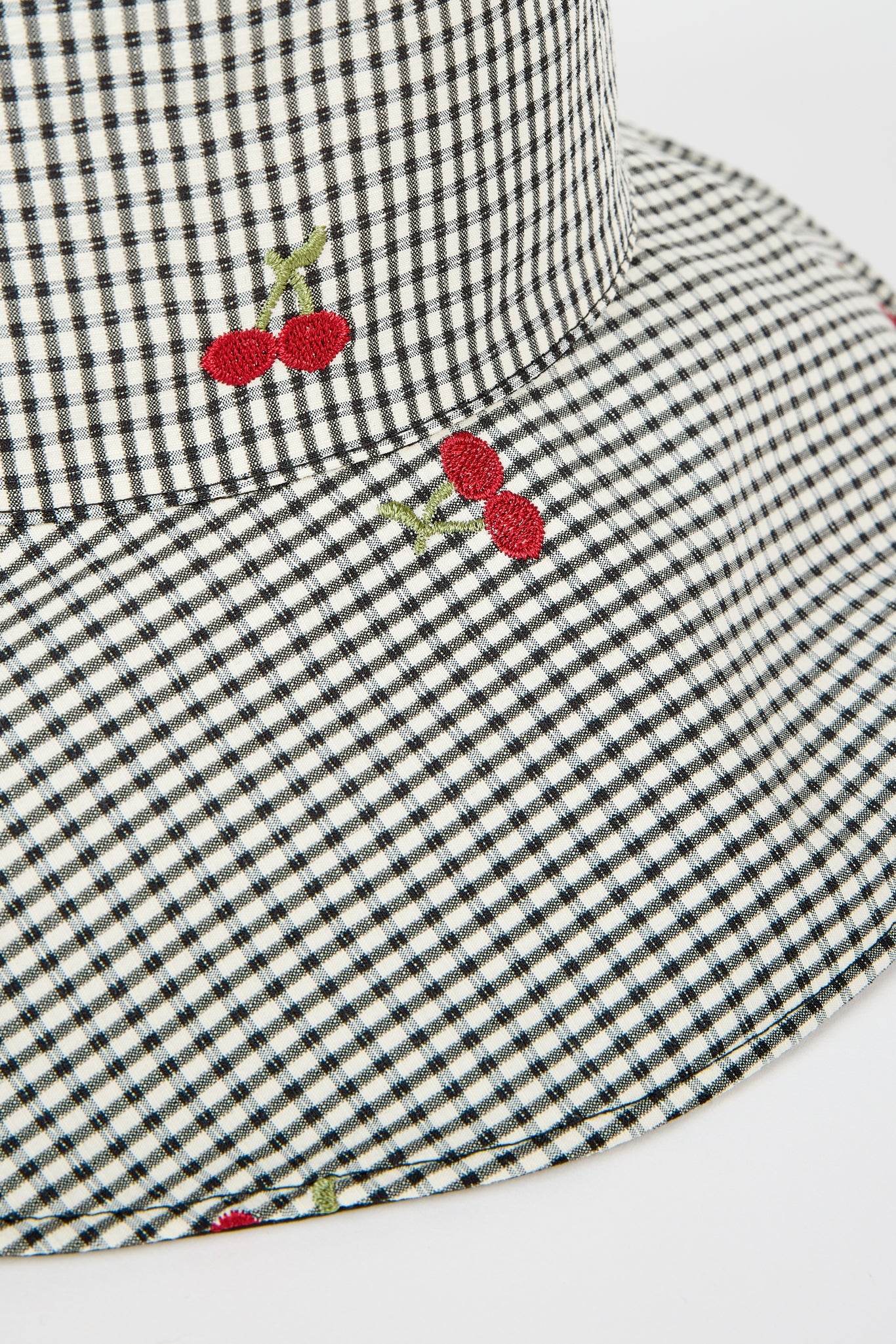 Black gingham embroidered cherry reversible sun hat