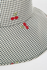 Black gingham embroidered cherry reversible sun hat