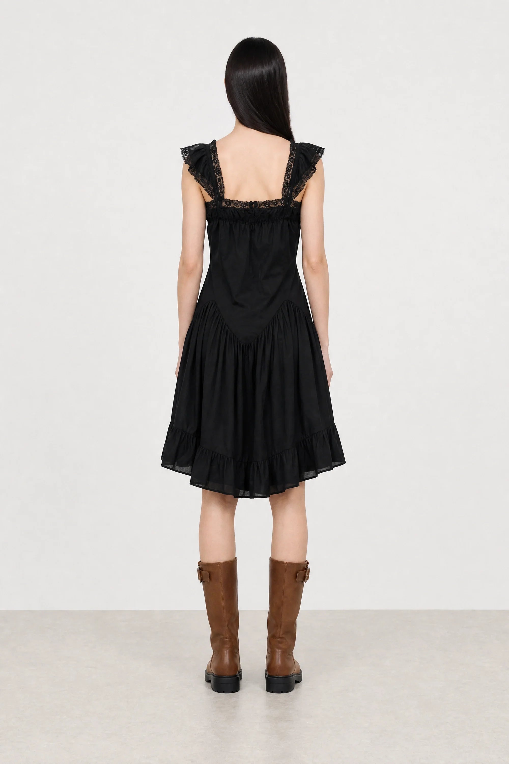 Black lace trim ruffle hem dress