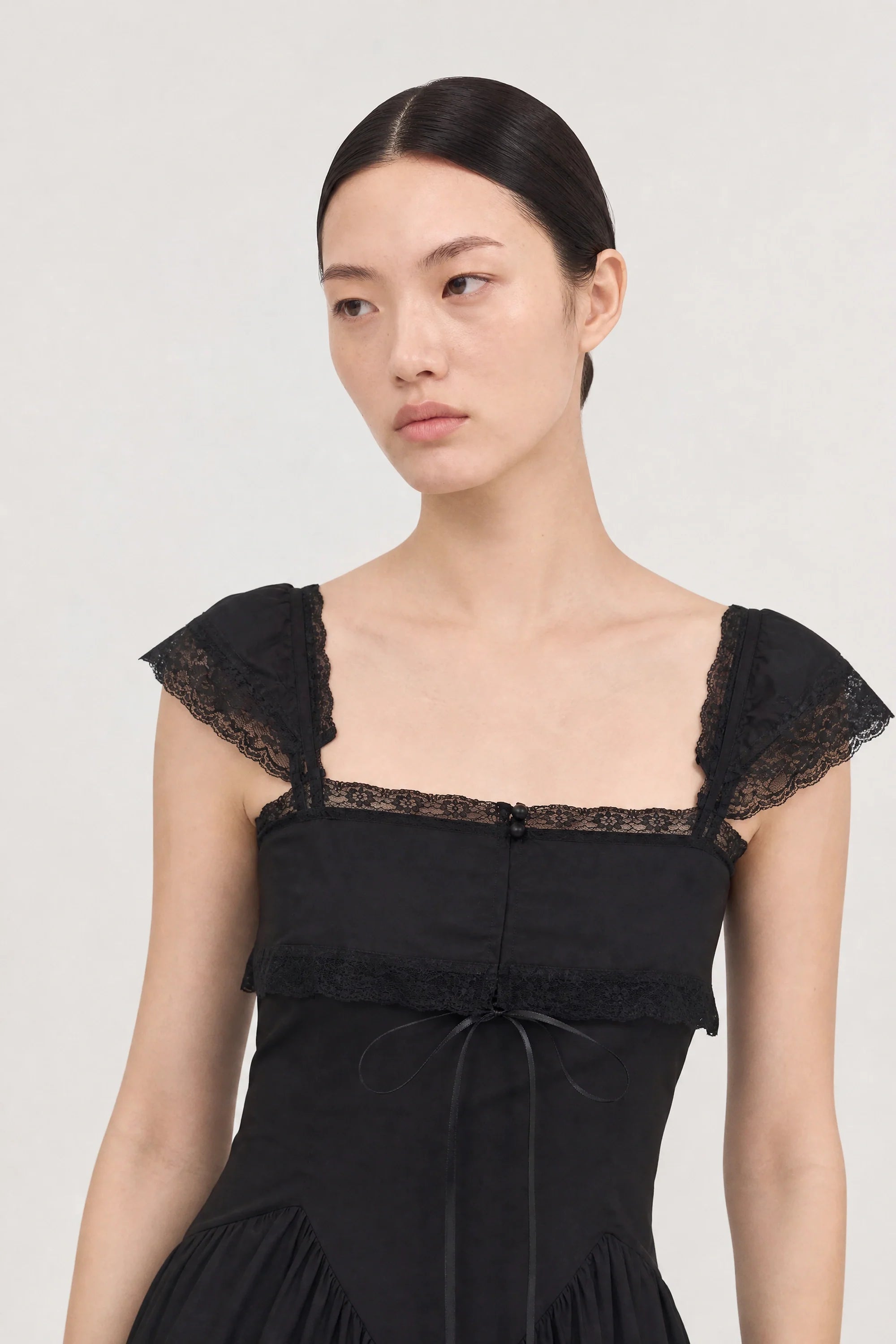 Black lace trim ruffle hem dress