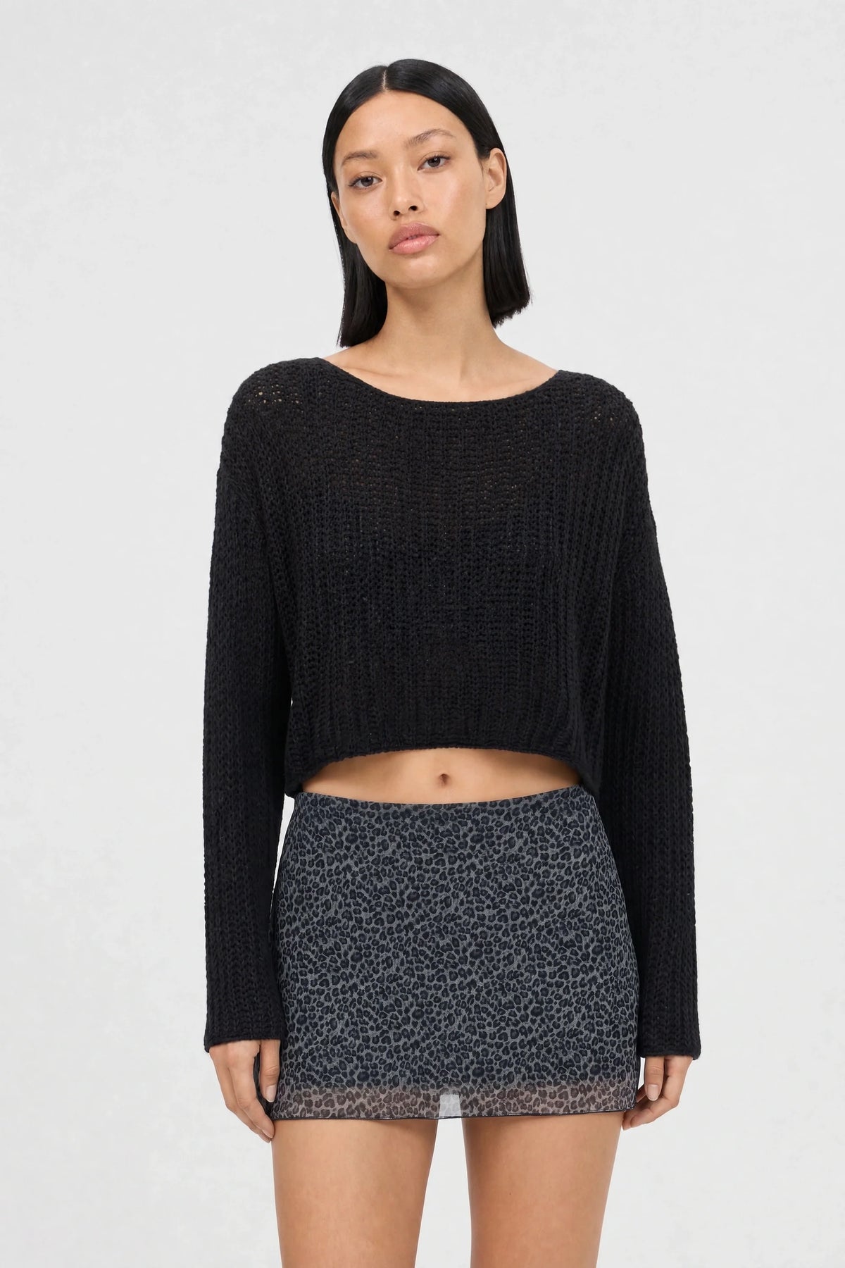 Black linen blend ribbed wide fit jumper