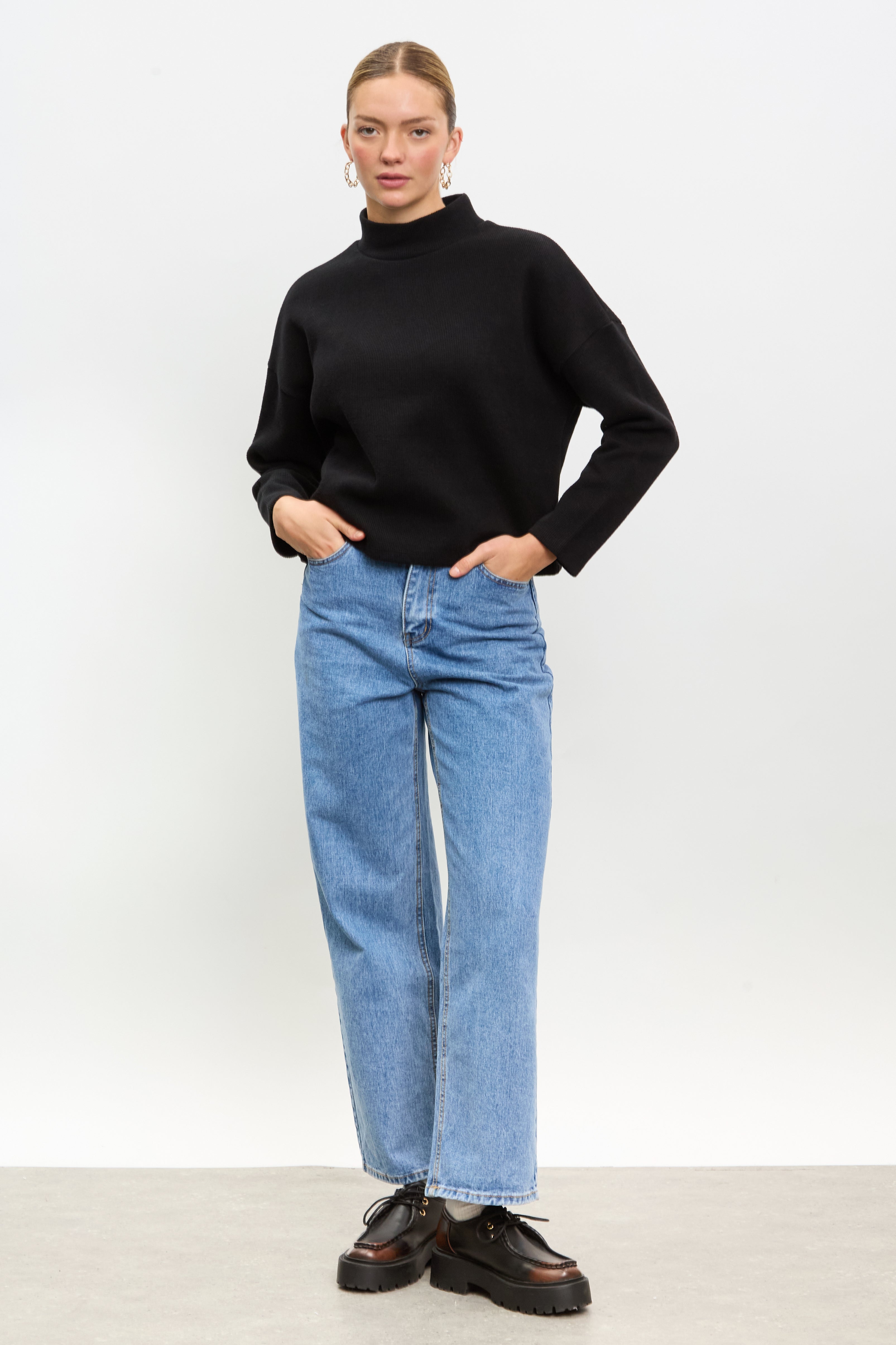 Black micro ribbed mock neck top