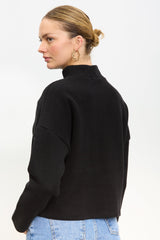 Black micro ribbed mock neck top