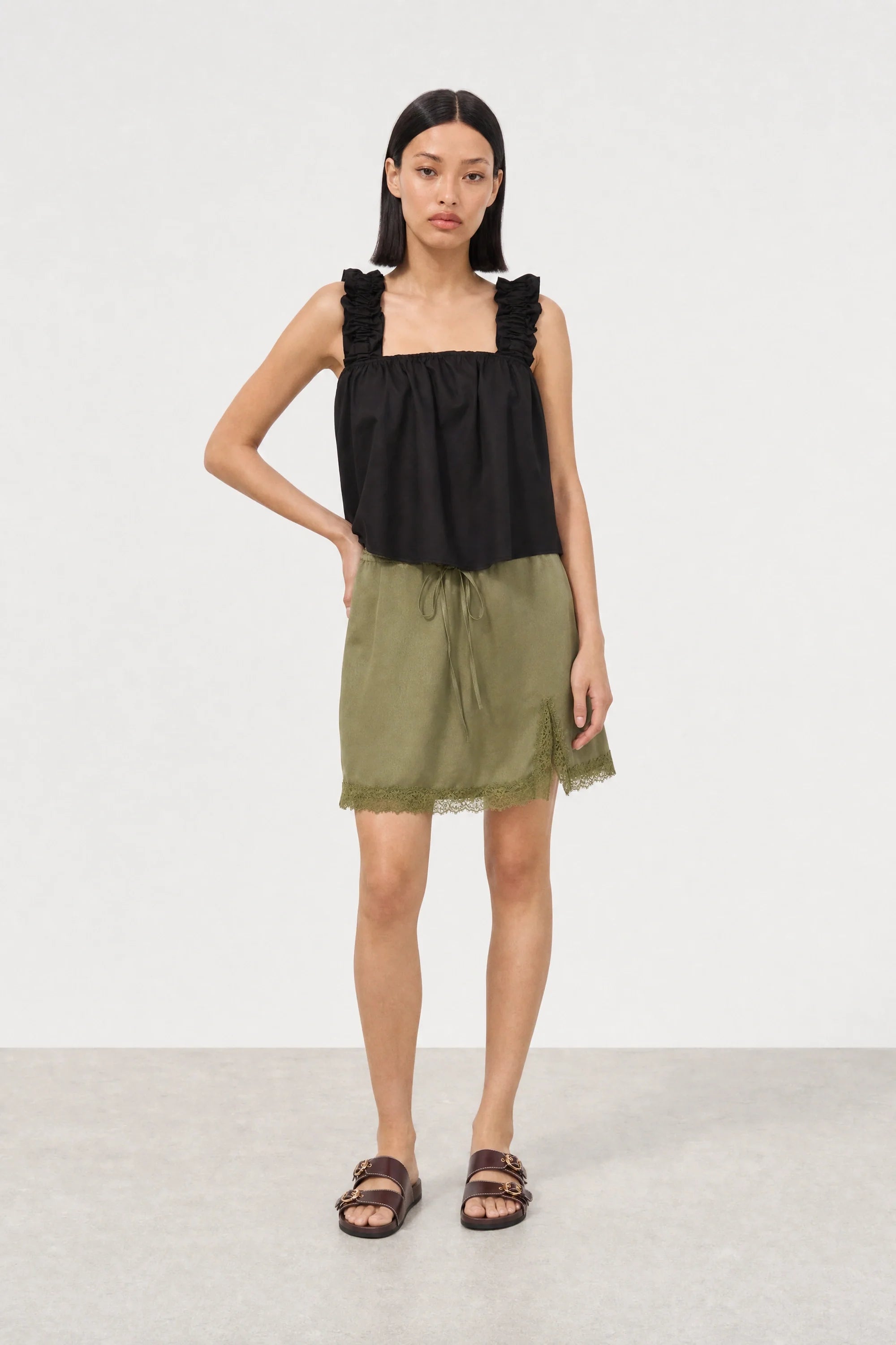 Black thick ruched strap tank blouse