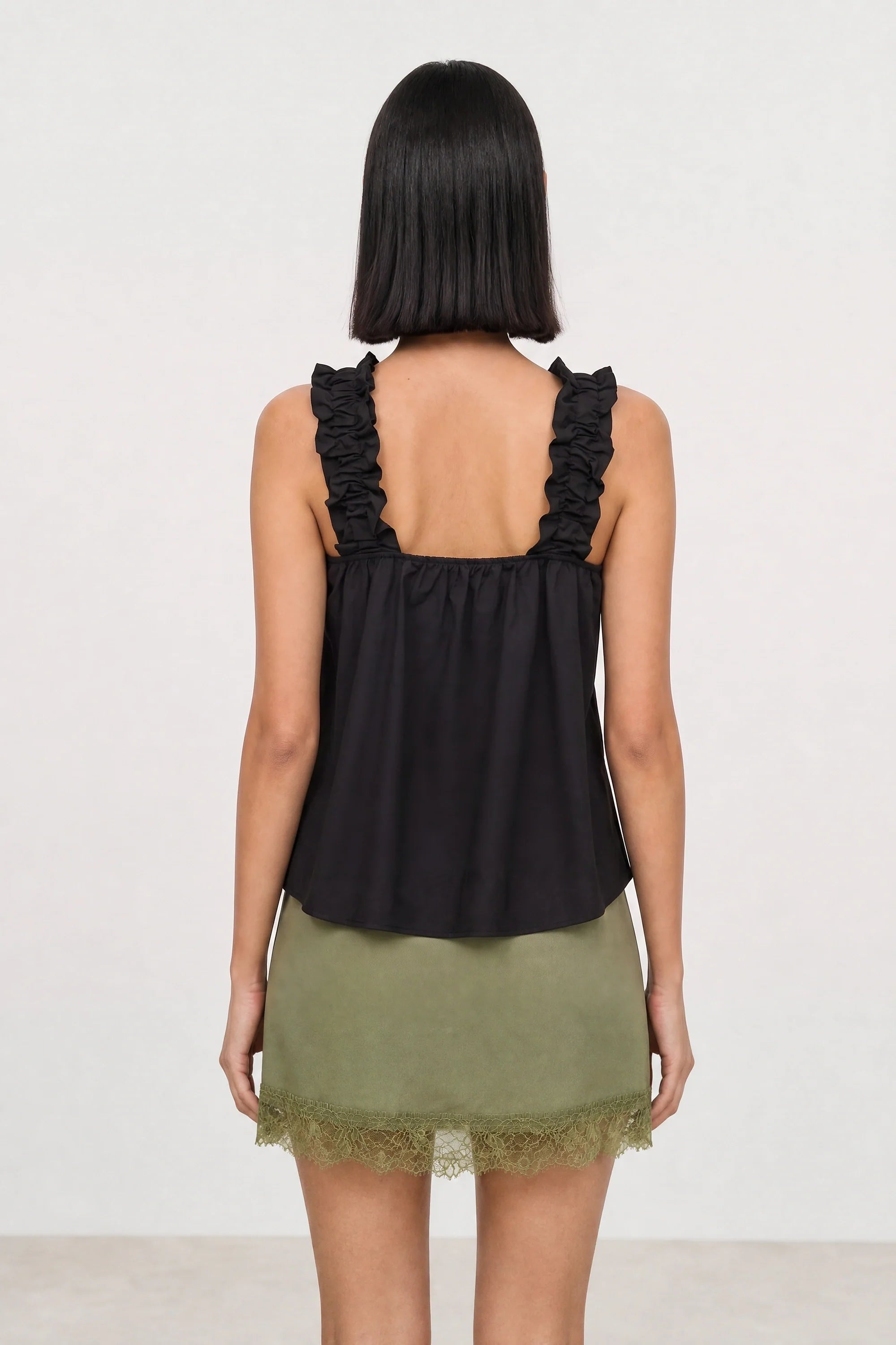 Black thick ruched strap tank blouse