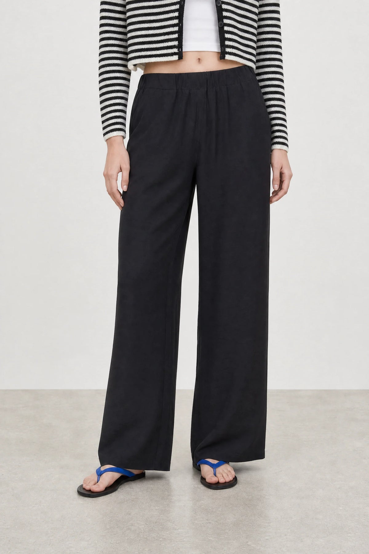 Black thick ruched waist silky trousers