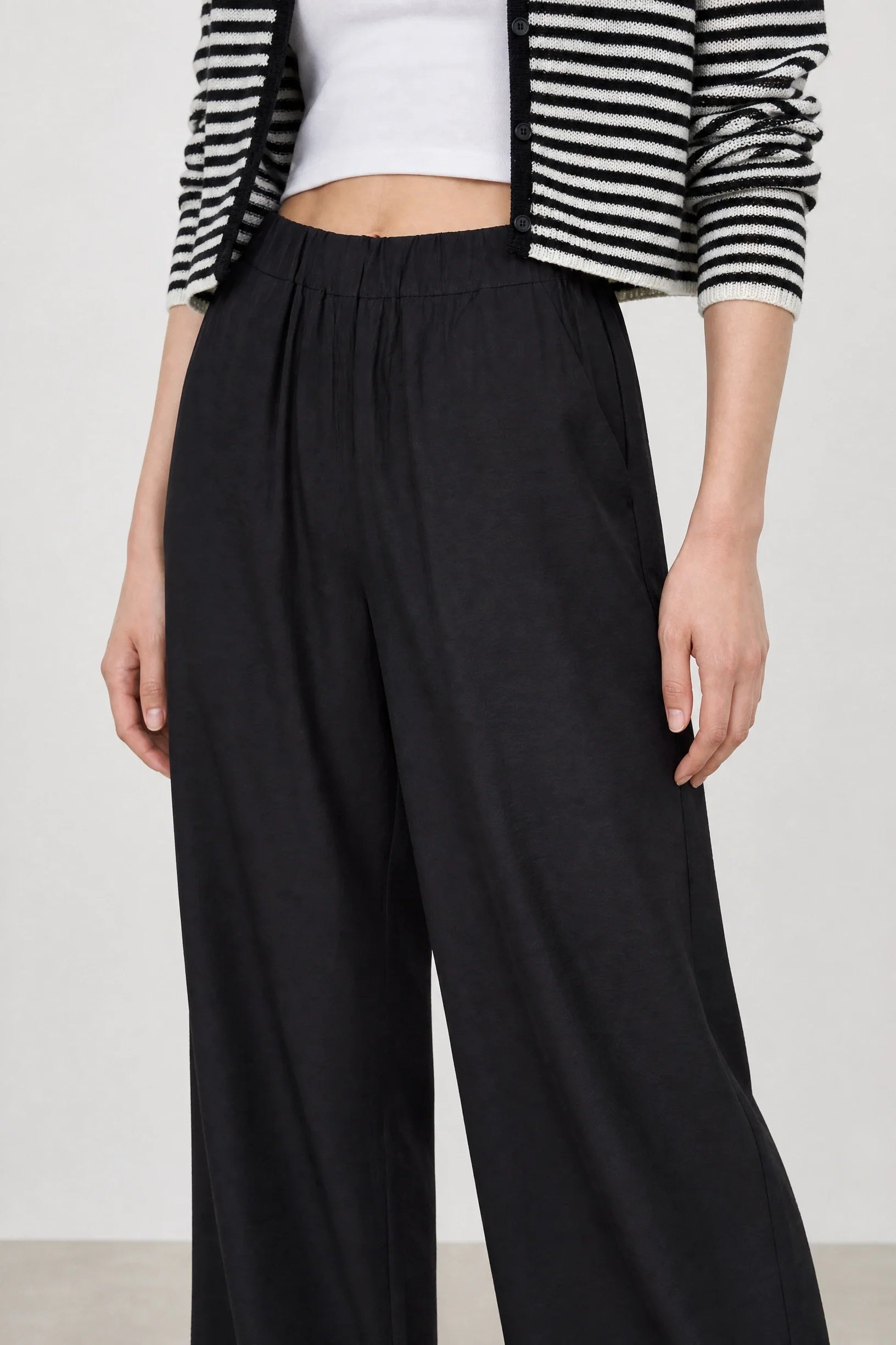 Black thick ruched waist silky trousers