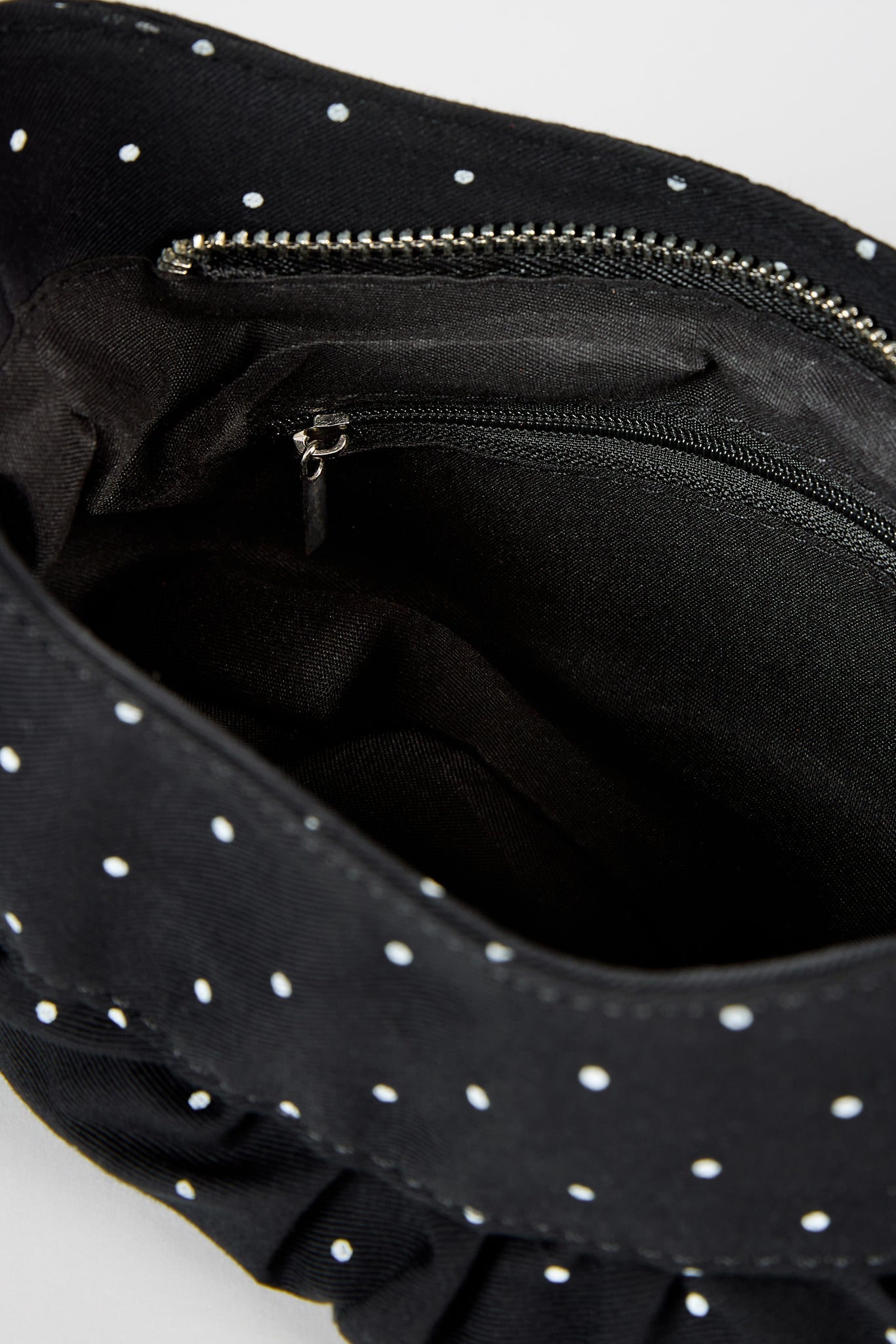 Black tiny polka dot ruched curve shoulder bag