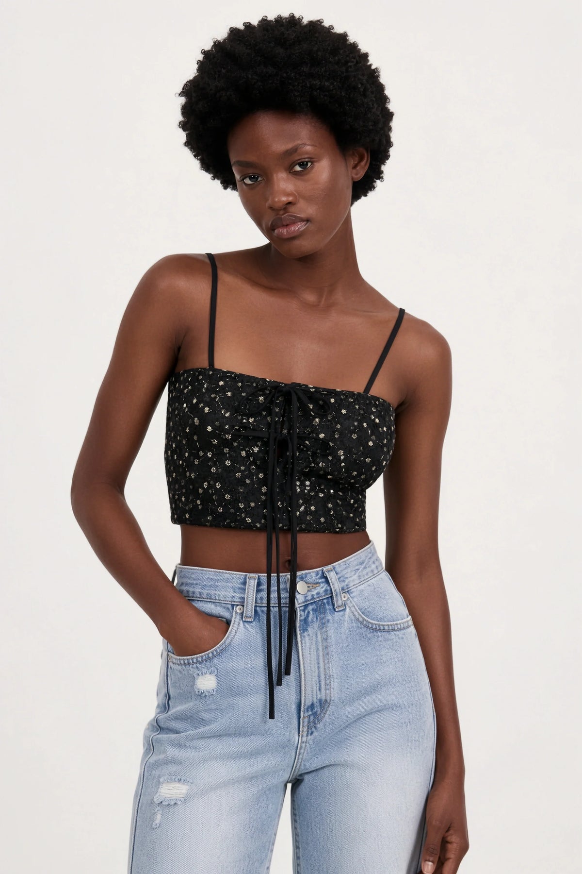 Black and white embroidered floral tie front tank