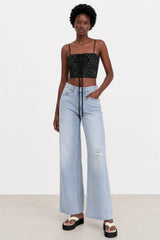 Black and white embroidered floral tie front tank