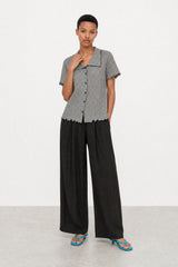 Black and white gingham lettuce trim short sleeve shirt