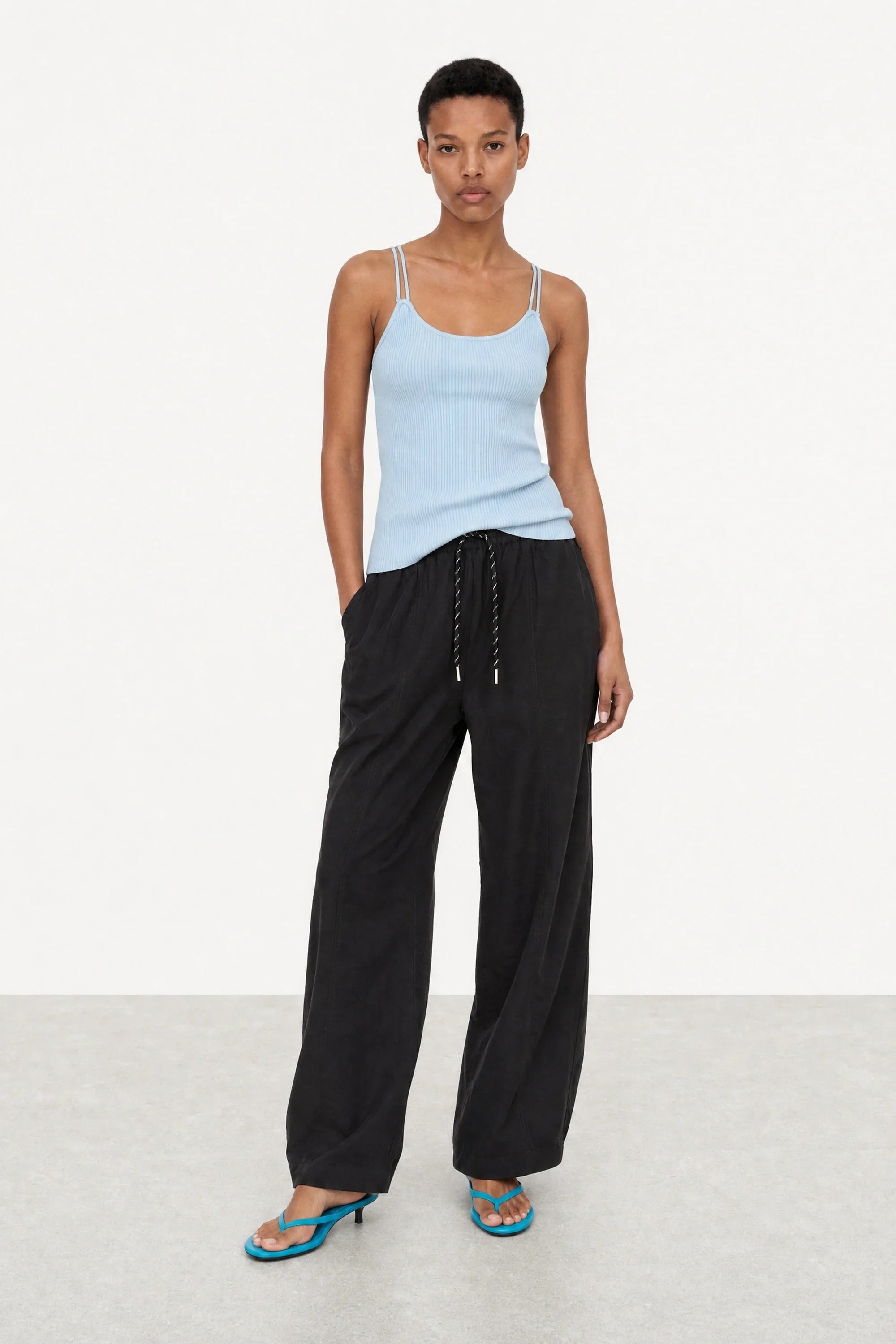 Black contrast drawstring relaxed balloon leg trousers
