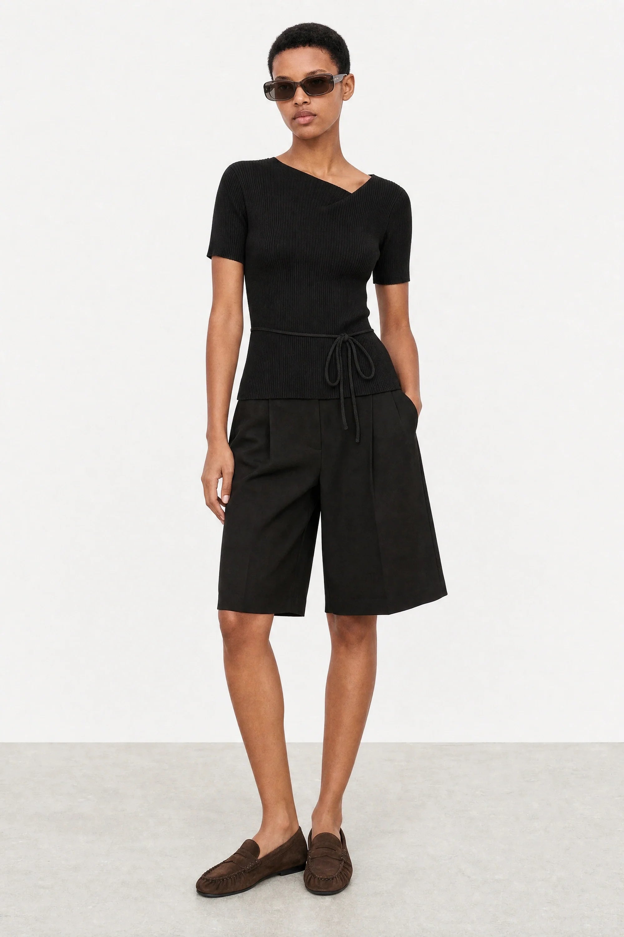 Black ribbed asymmetric neckline knit tee