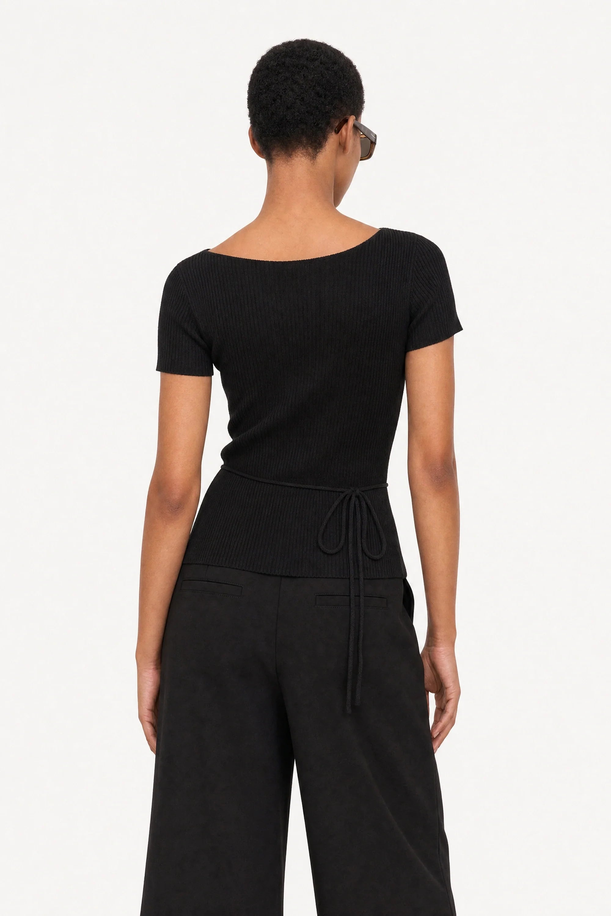 Black ribbed asymmetric neckline knit tee
