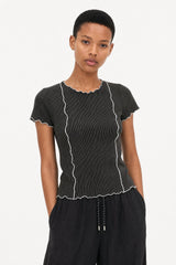 Black ribbed contrast trim double line tee