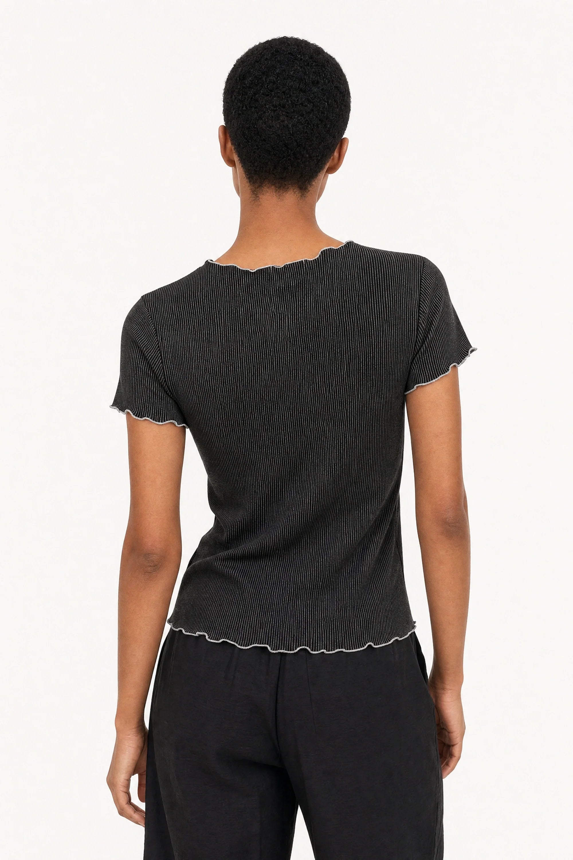 Black ribbed contrast trim double line tee