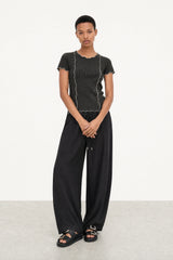 Black ribbed contrast trim double line tee