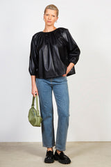 Black ruched neck long sleeved vegan leather top