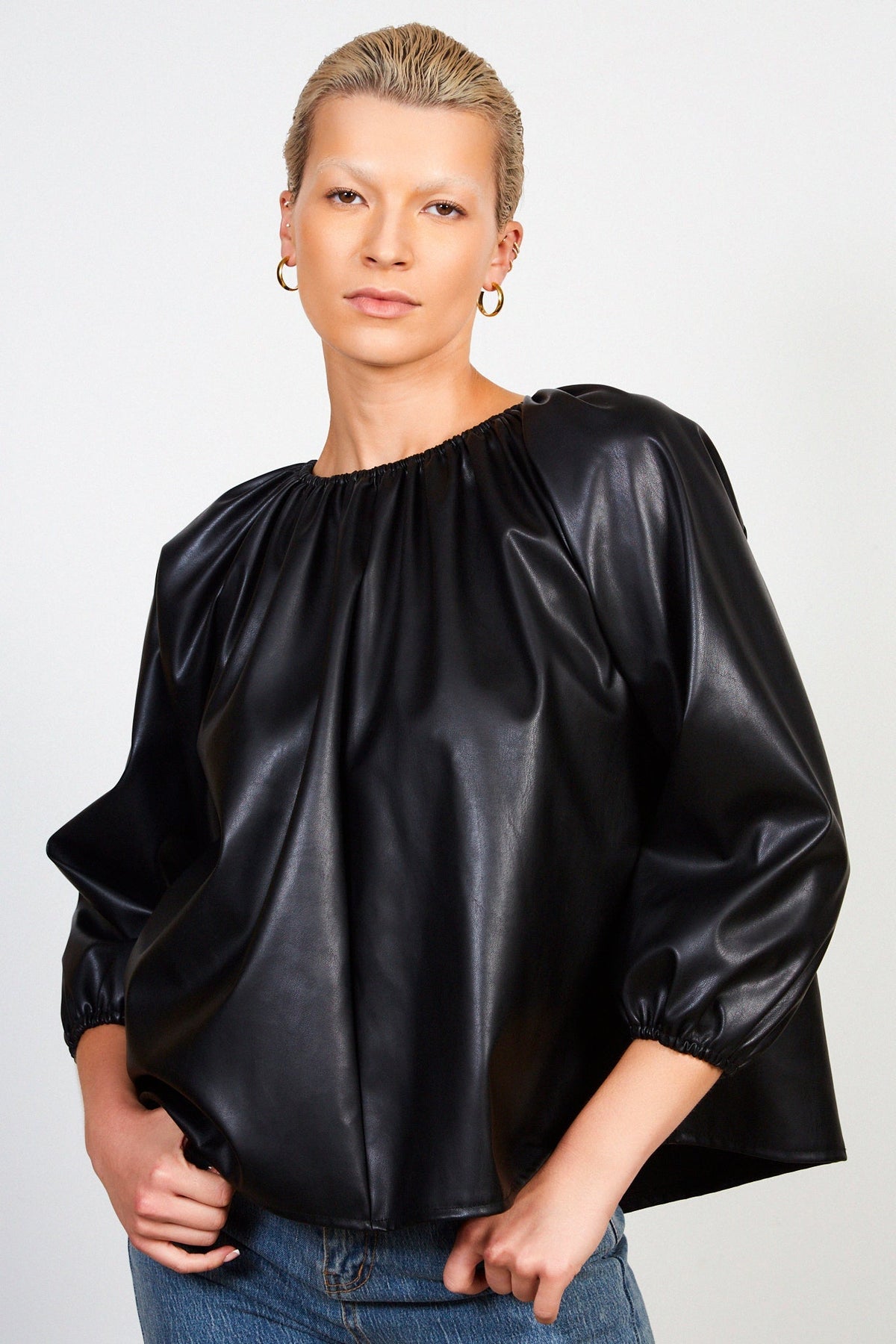 Black ruched neck long sleeved vegan leather top