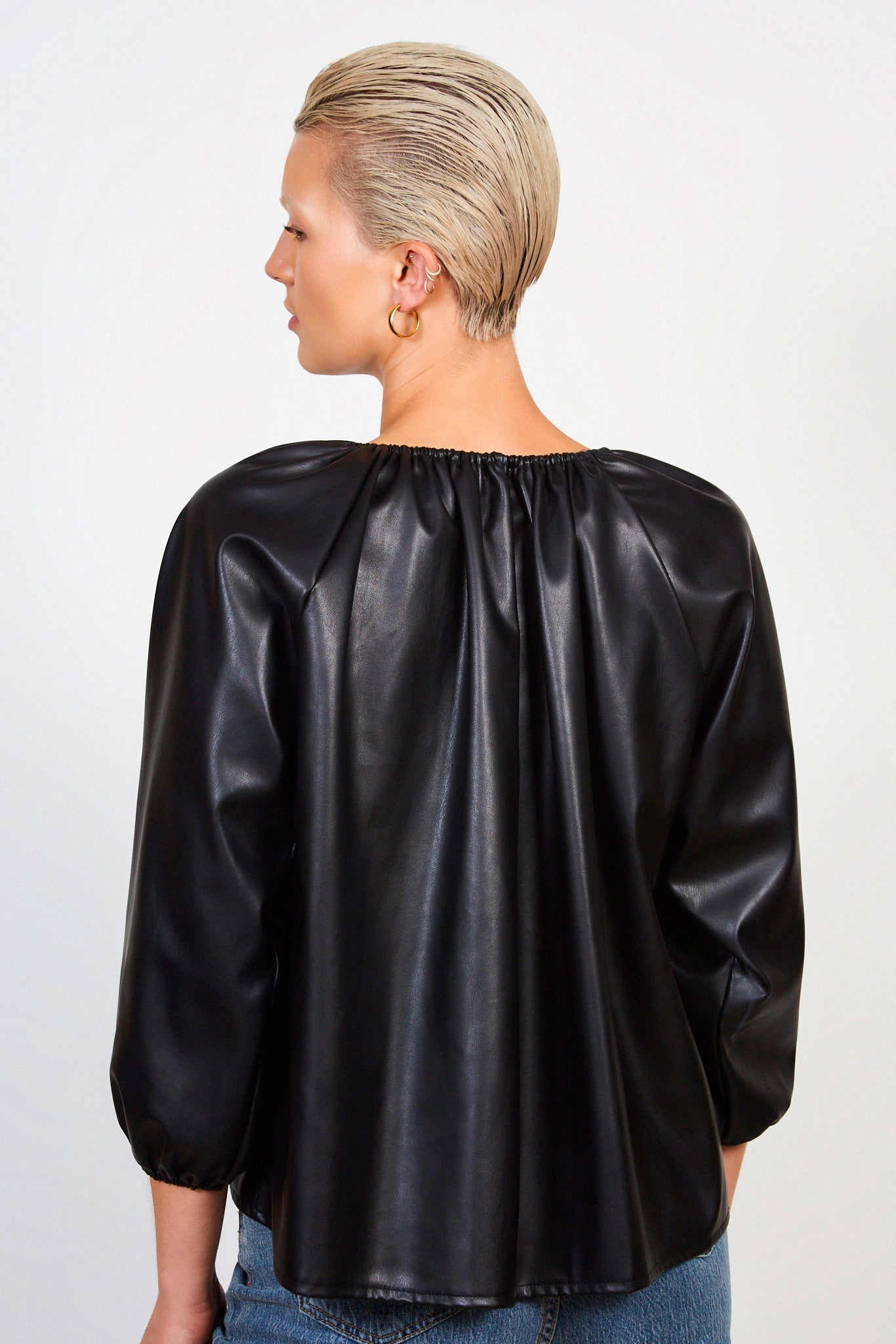 Black ruched neck long sleeved vegan leather top