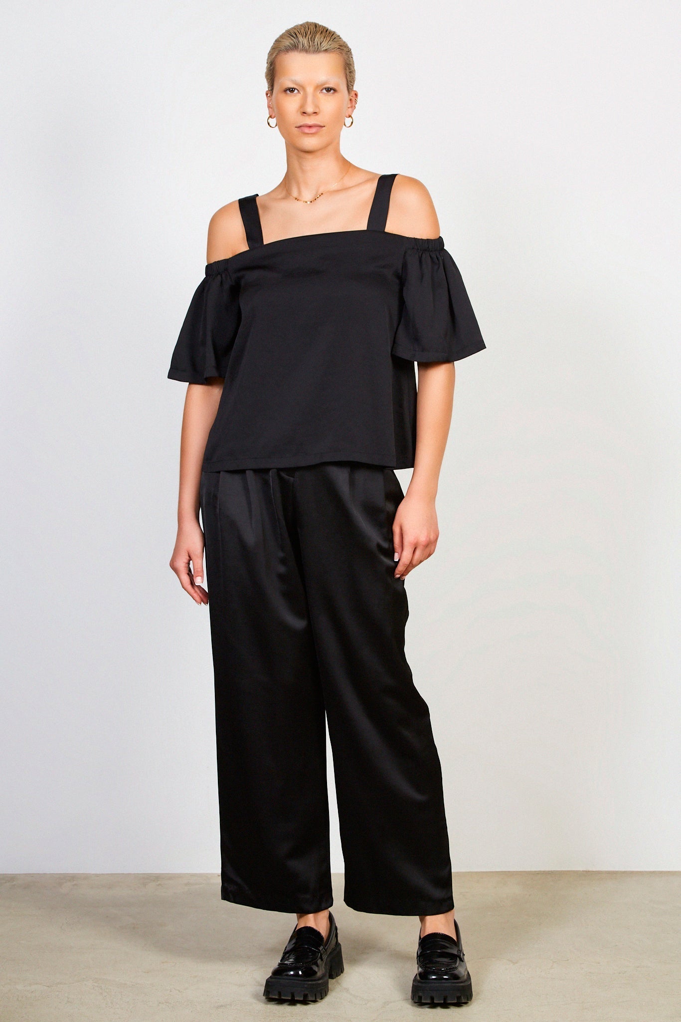 Black silky drop shoulder top
