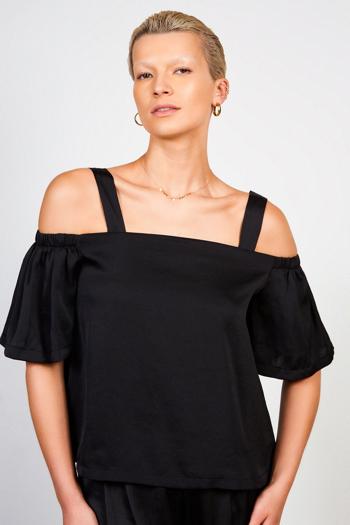 Black silky drop shoulder top