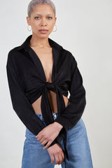 Black silky plunging tie front shirt