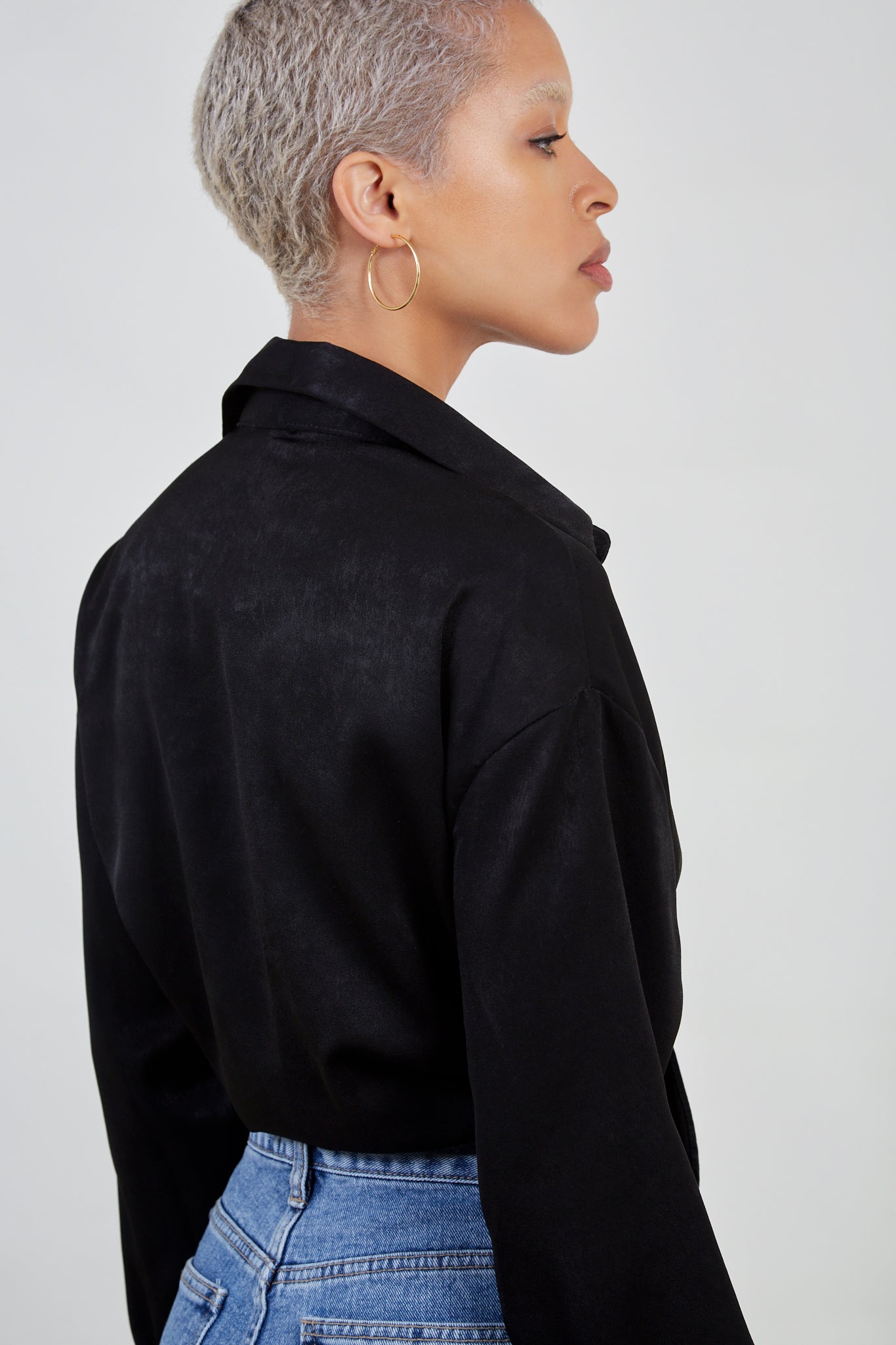 Black silky plunging tie front shirt
