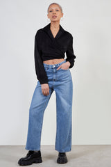 Black silky plunging tie front shirt