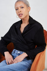 Black silky plunging tie front shirt