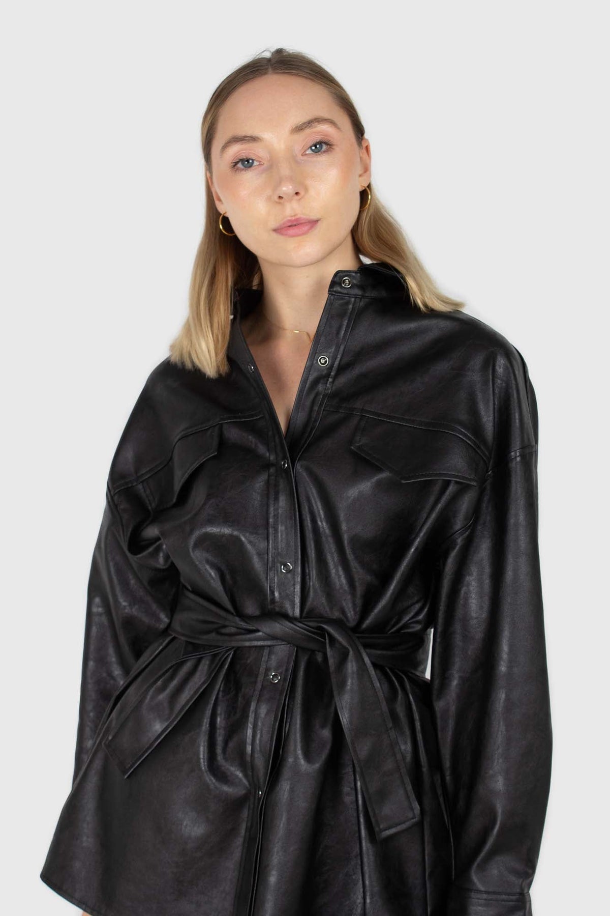 Black vegan leather belted shirt jacket