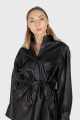 Black vegan leather belted shirt jacket