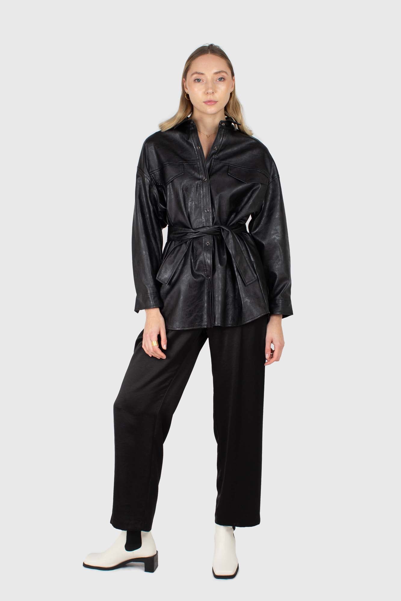 Black vegan leather belted shirt jacket