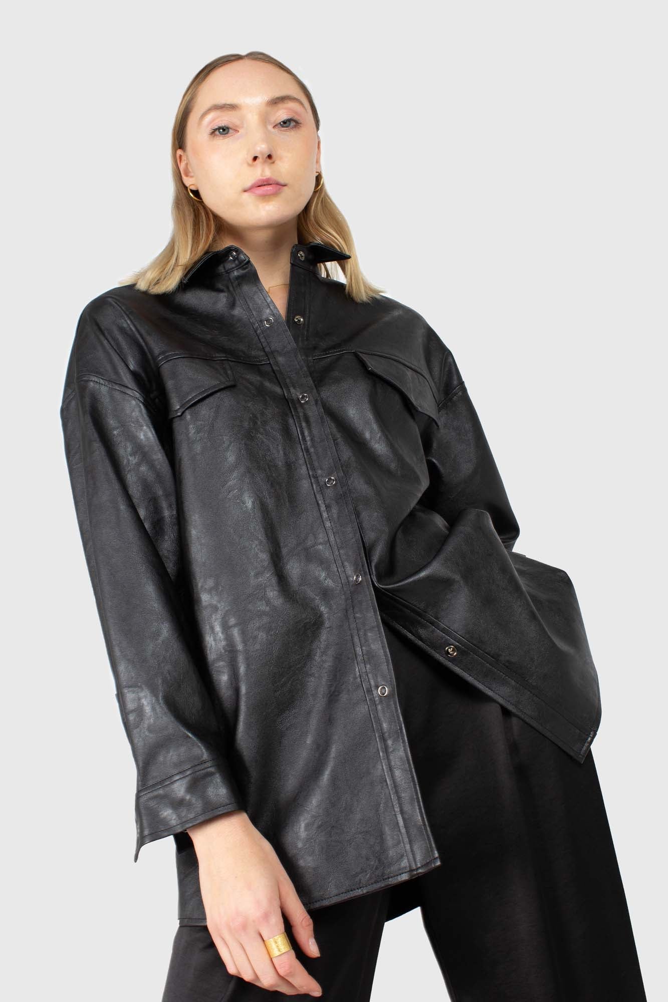 Black vegan leather belted shirt jacket