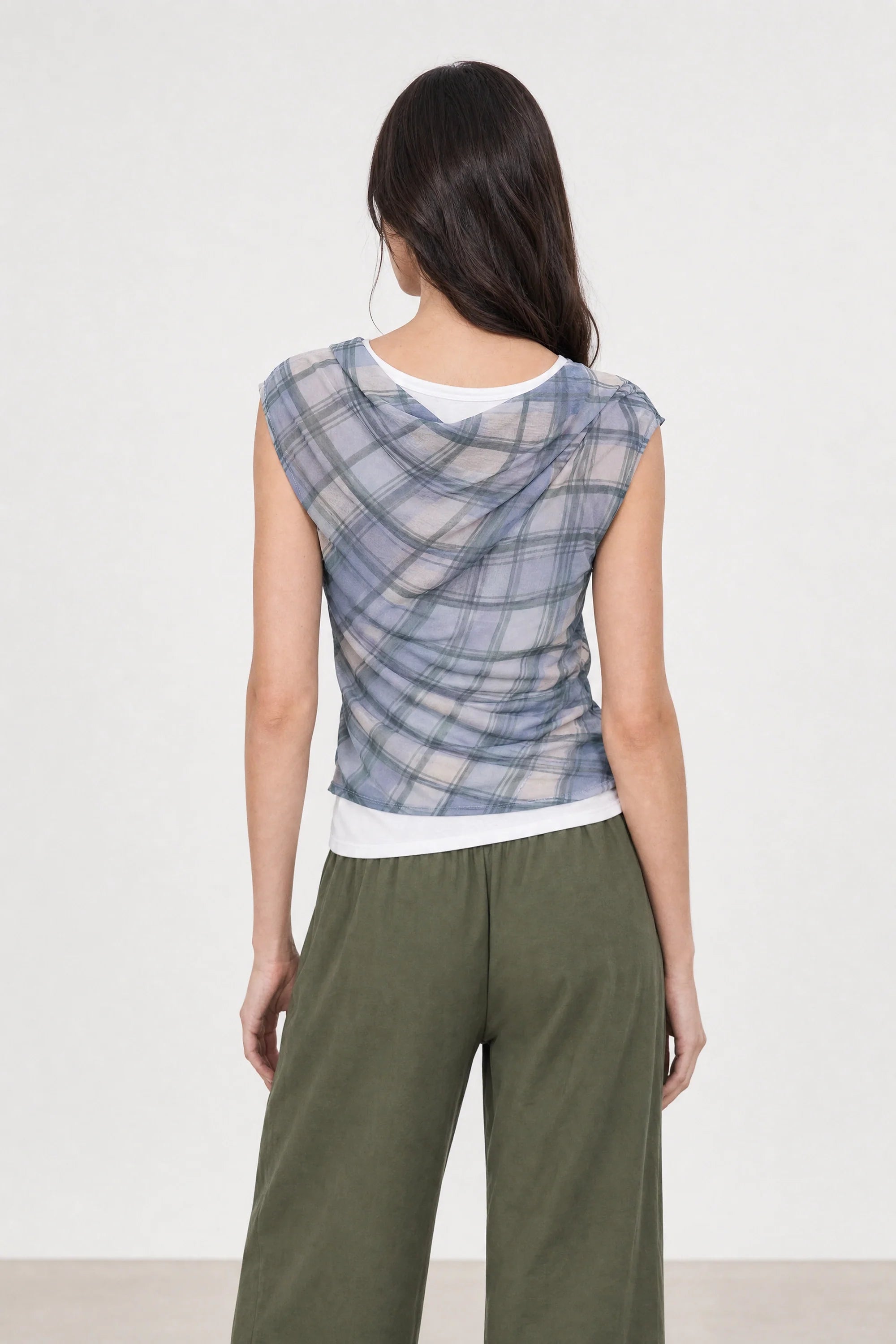 Blue and green plaid draped top