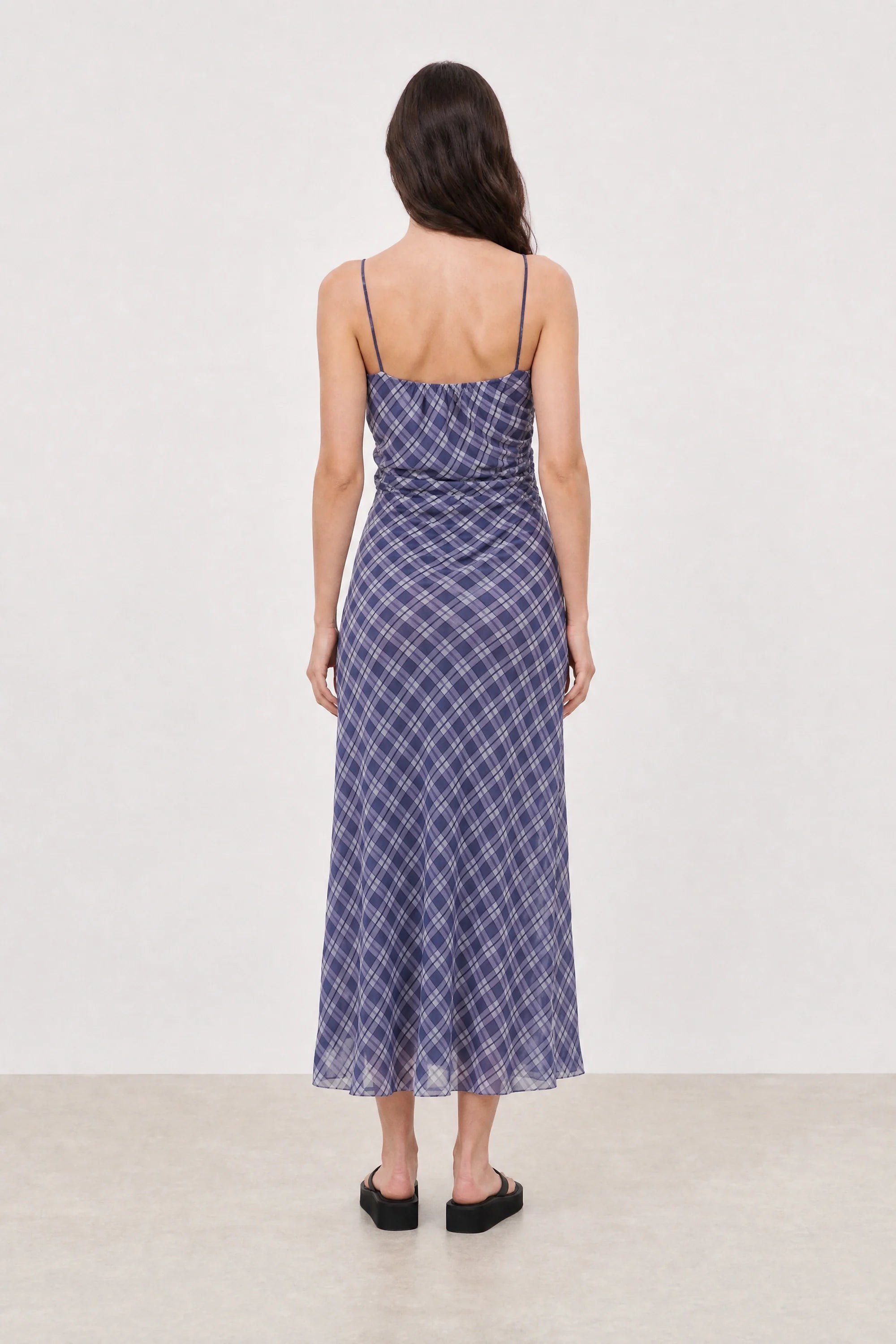 Blue and grey checked bias cut maxi dress