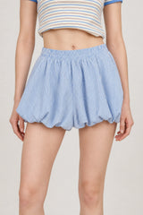 Blue and white seersucker striped blouson shorts