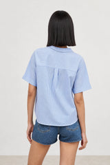 Blue and white seersucker striped shirt