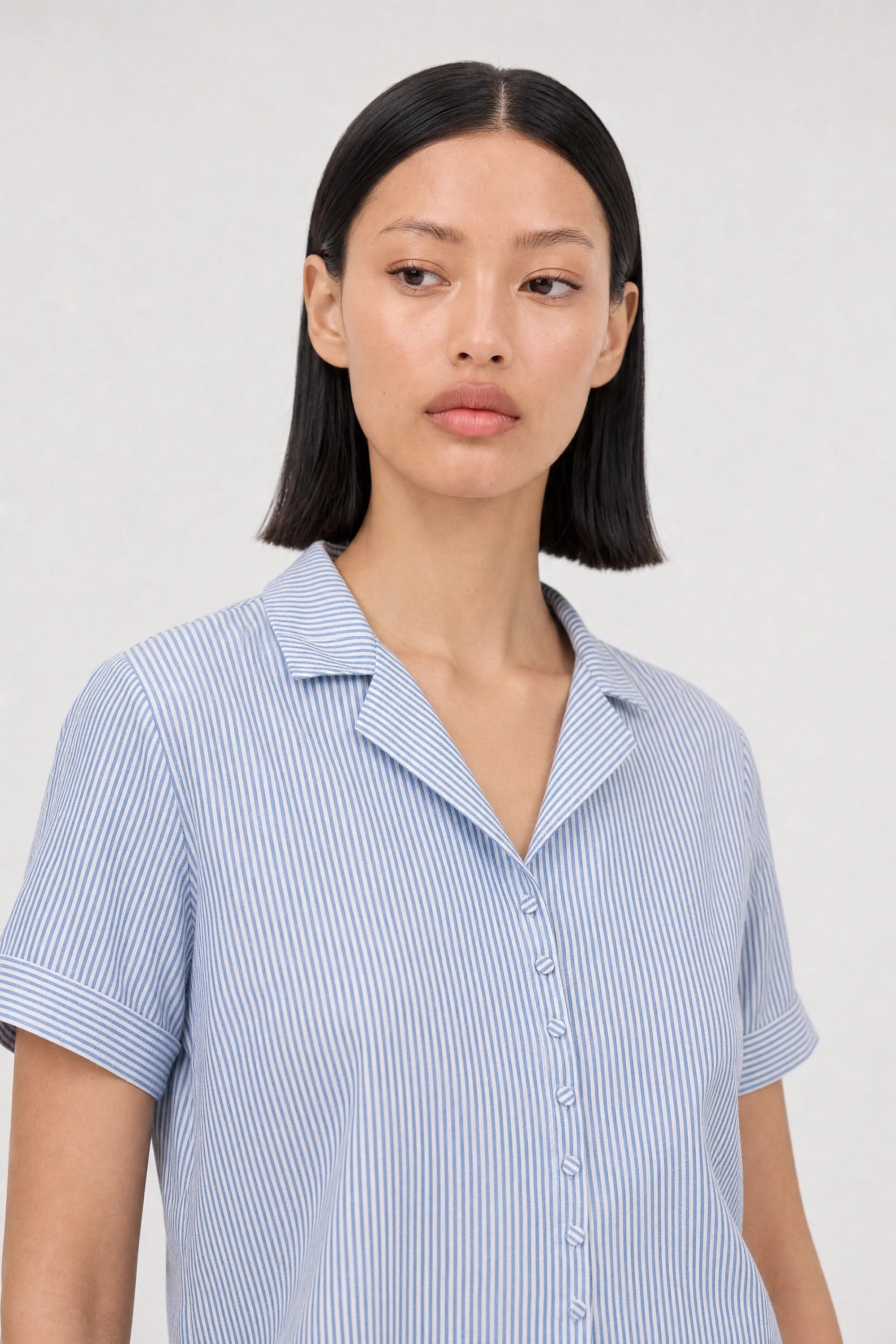 Blue and white seersucker striped shirt