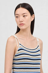 Blue beige and ivory horizontal striped crochet tank