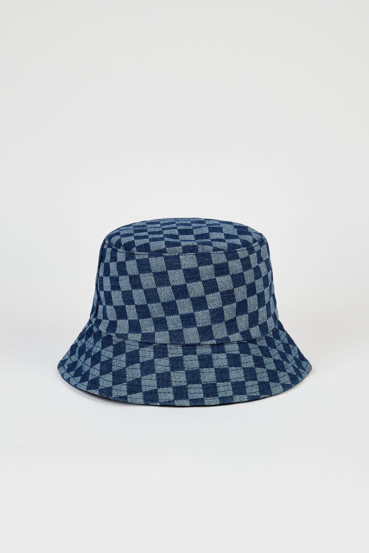 Blue denim contrast checks bucket hat
