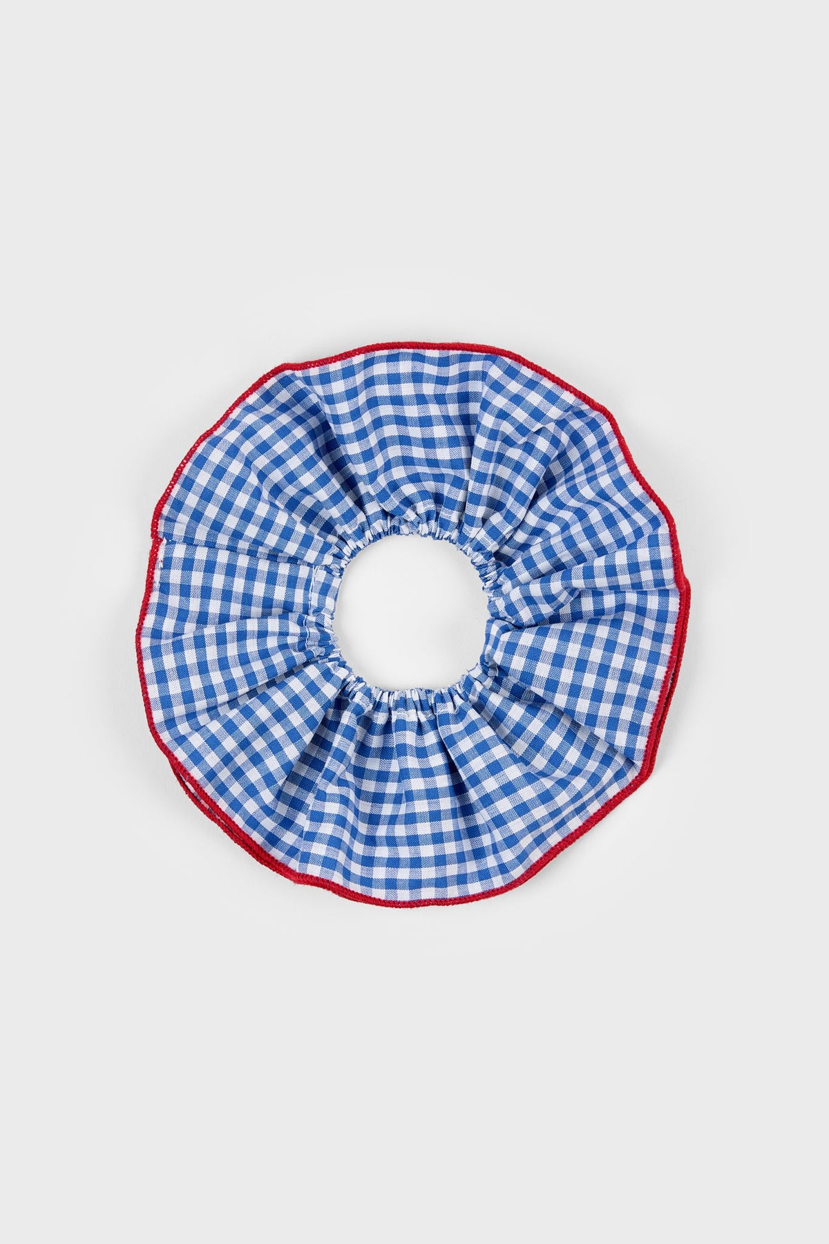 Blue gingham and red trim scrunchie