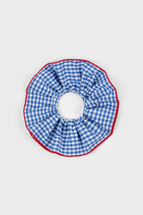 Blue gingham and red trim scrunchie