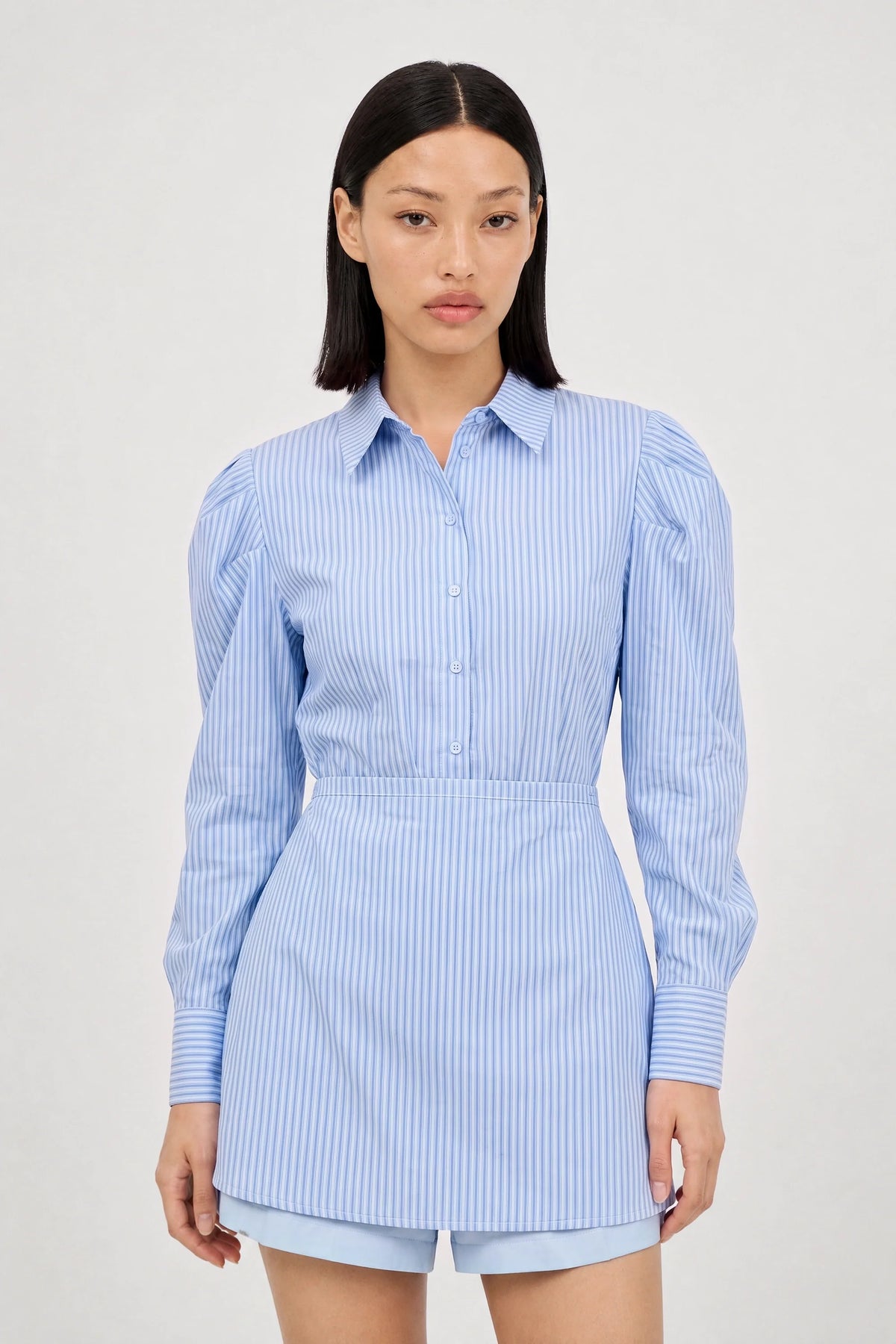 Blue vertical striped wrap waist shirt