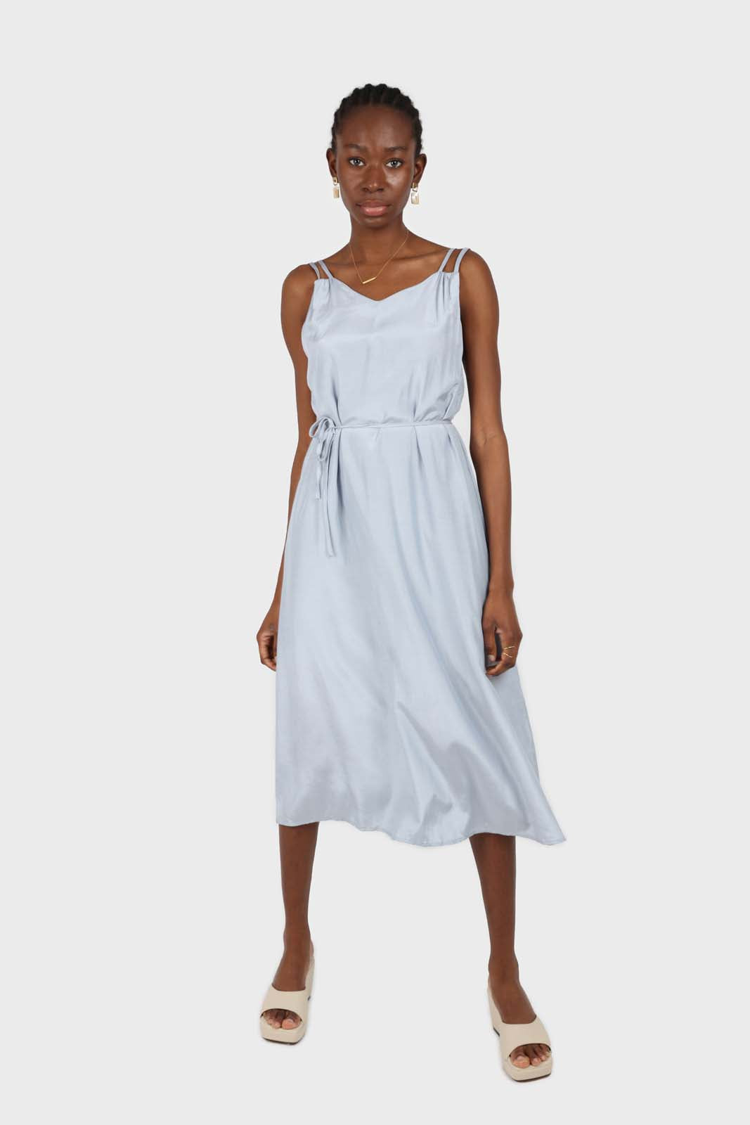 Blue double strap silky maxi dress
